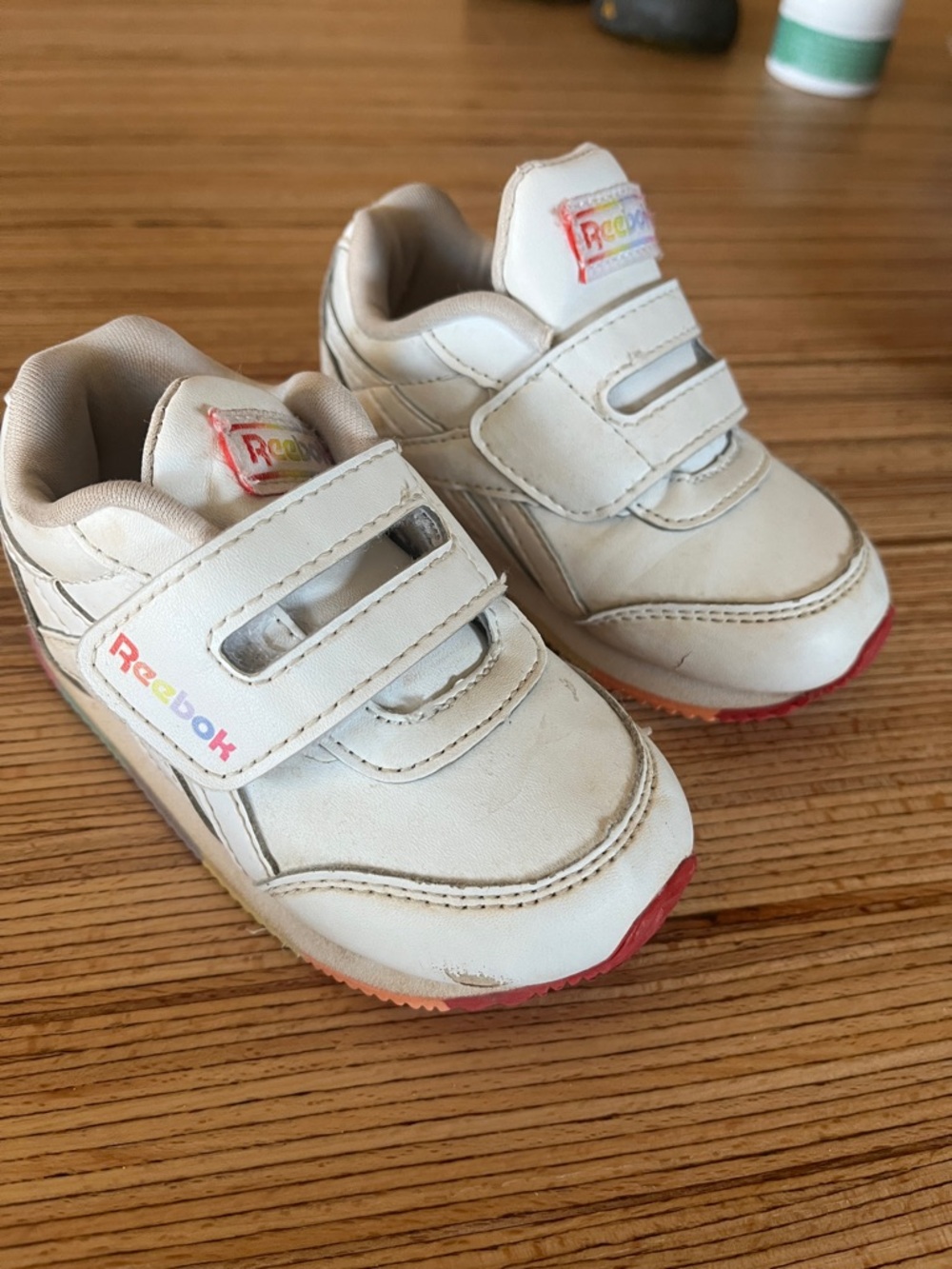 Reebok Toddler White Sneakers with Rainbow Bottom and Velcro Straps size 5